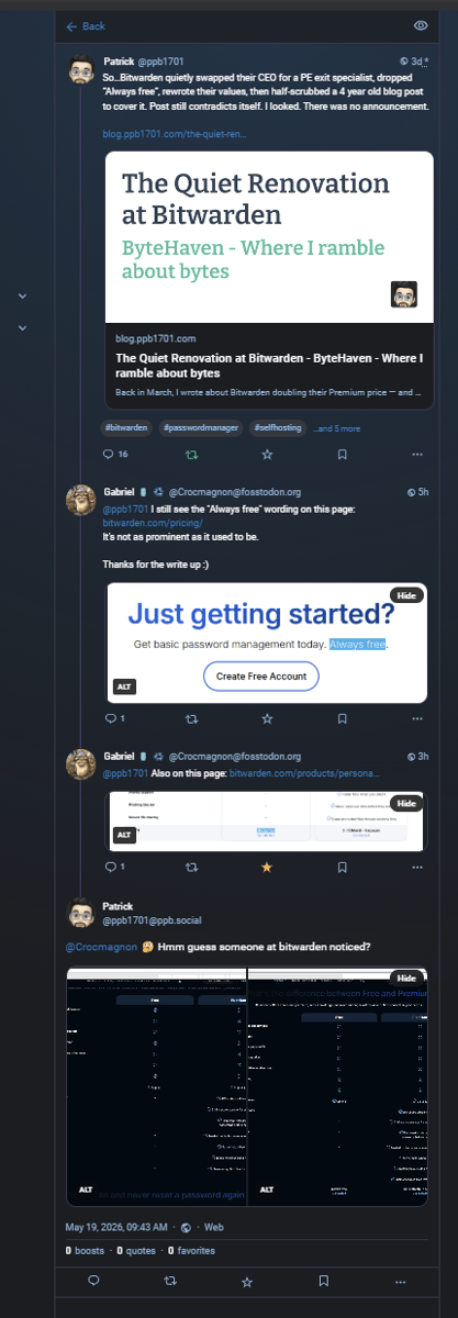 Bitwarden “Always free” 回归价格表的 Mastodon 线索截图